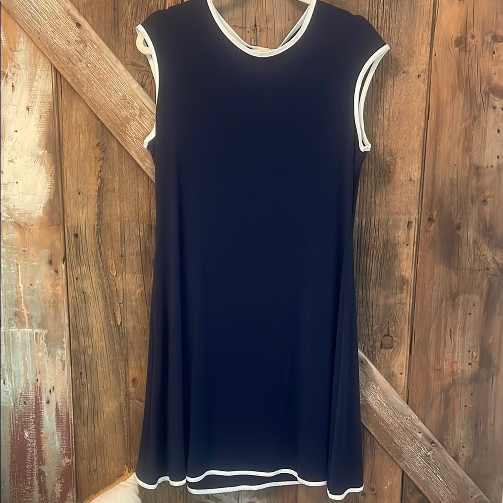 Navy Blue Sleeveless Dress with White Trim